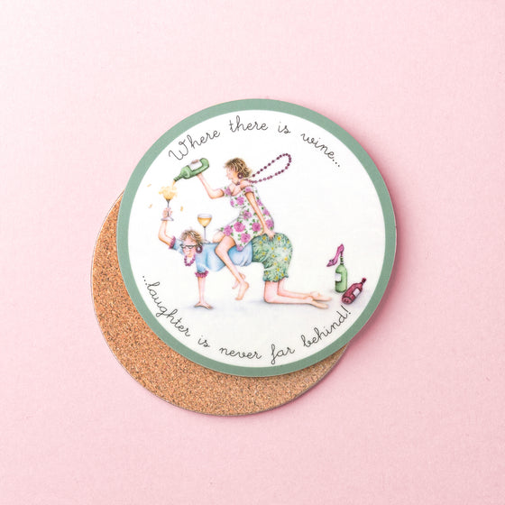 Berni Parker Designs Coaster - Where there is Wine Laughter is Never Far Behind