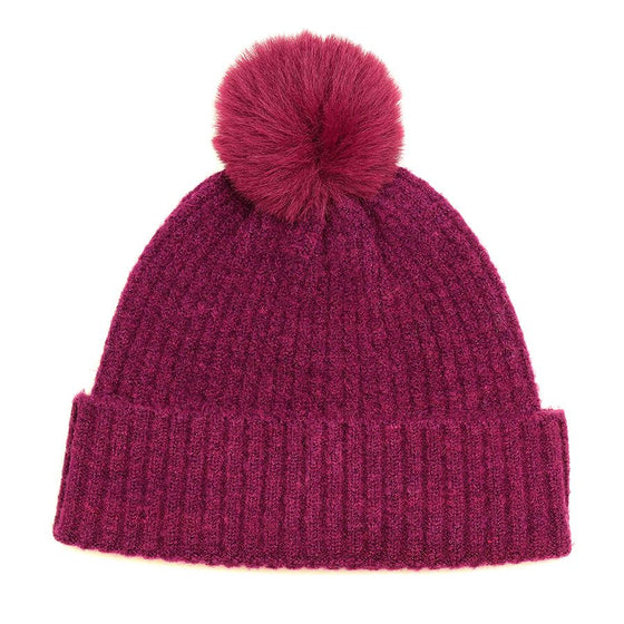 Women's Recycled Yarn Mini Cable Knit Beanie Hat, Berry