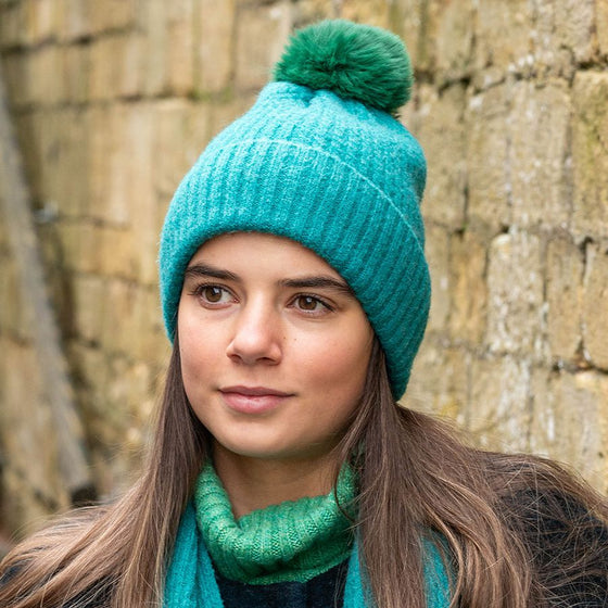 Women's Recycled Yarn Mini Cable Knit Beanie Hat, Teal