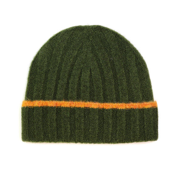 Men's Dark Olive Recycled Polyester Ribbed Knit Beanie Hat with Orange Trim