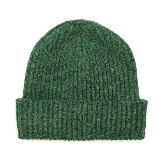 Men's Dark Green Recycled Polyester Ribbed Knit Beanie Hat with Turn Up