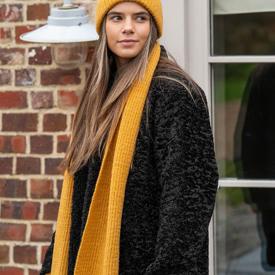 Women's Recycled Yarn Mini Cable Knit Scarf, Mustard