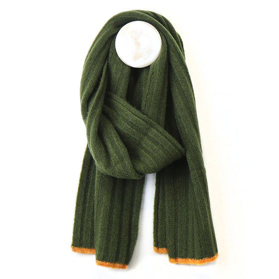 Men's Dark Olive Recycled Polyester Ribbed Knit Scarf with Orange Trim