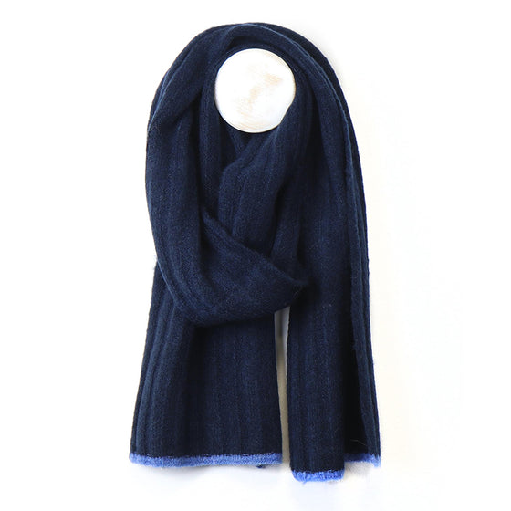 Men's Denim Blue Recycled Polyester Ribbed Knit Scarf with Pale Blue Trim