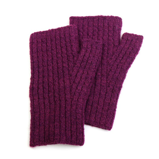 Women's Recycled Yarn Mini Cable Knit Fingerless Gloves, Berry