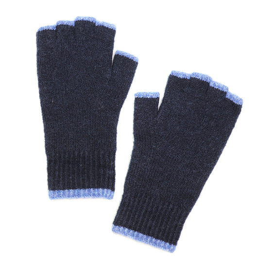 Men's Denim Blue Recycled Polyester Knit Fingerless Gloves with Pale Blue Trim