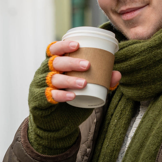 Men's Olive Green Recycled Polyester Knit Fingerless Gloves with Orange Trim