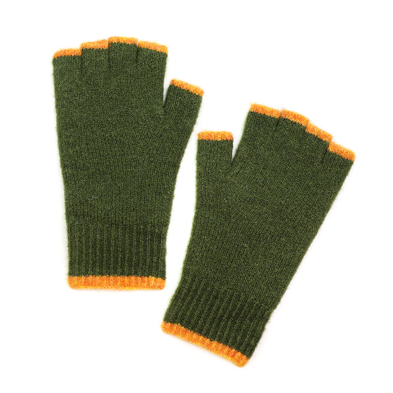 Men's Olive Green Recycled Polyester Knit Fingerless Gloves with Orange Trim