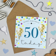  Blue Birthday Balloons, 50th Birthday Card for Men