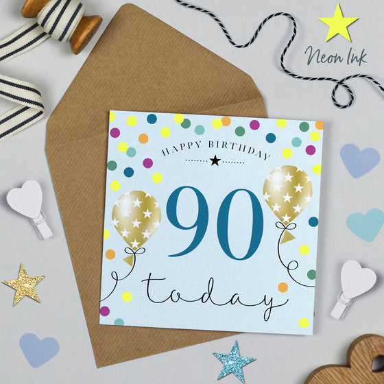 Blue Birthday Balloons, 90th Birthday Card for Men