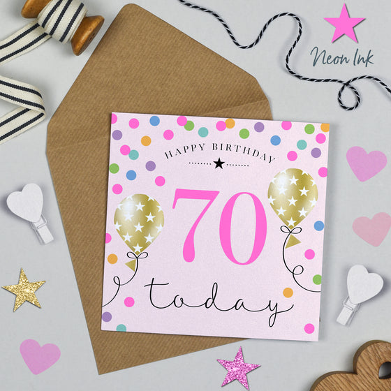 Pink Birthday Balloons, 70th Birthday Card for Women