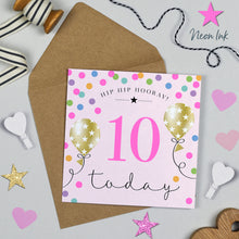  Pink Birthday Balloons, 10th Birthday Card for Girls