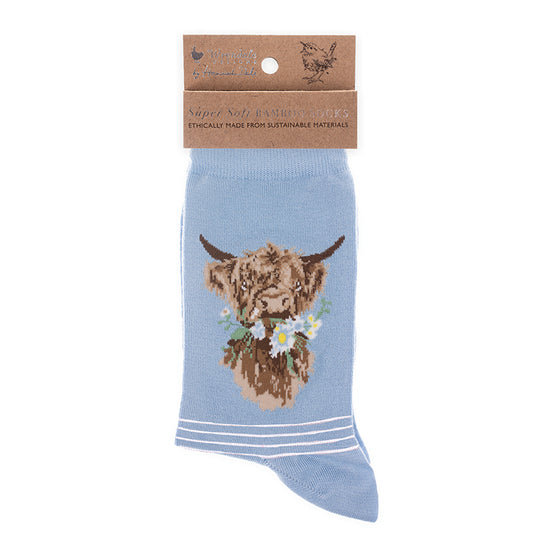 Gifts for women UK, Funny Greeting Cards, Wrendale Designs Stockist, Berni Parker Designs Gifts Greeting Cards, Engagement Wedding Anniversary Cards, Gift Shop Shrewsbury, Visit Shrewsbury Wrendale Designs Women's Bamboo Socks Pale Blue White Striped Highland Cow 2